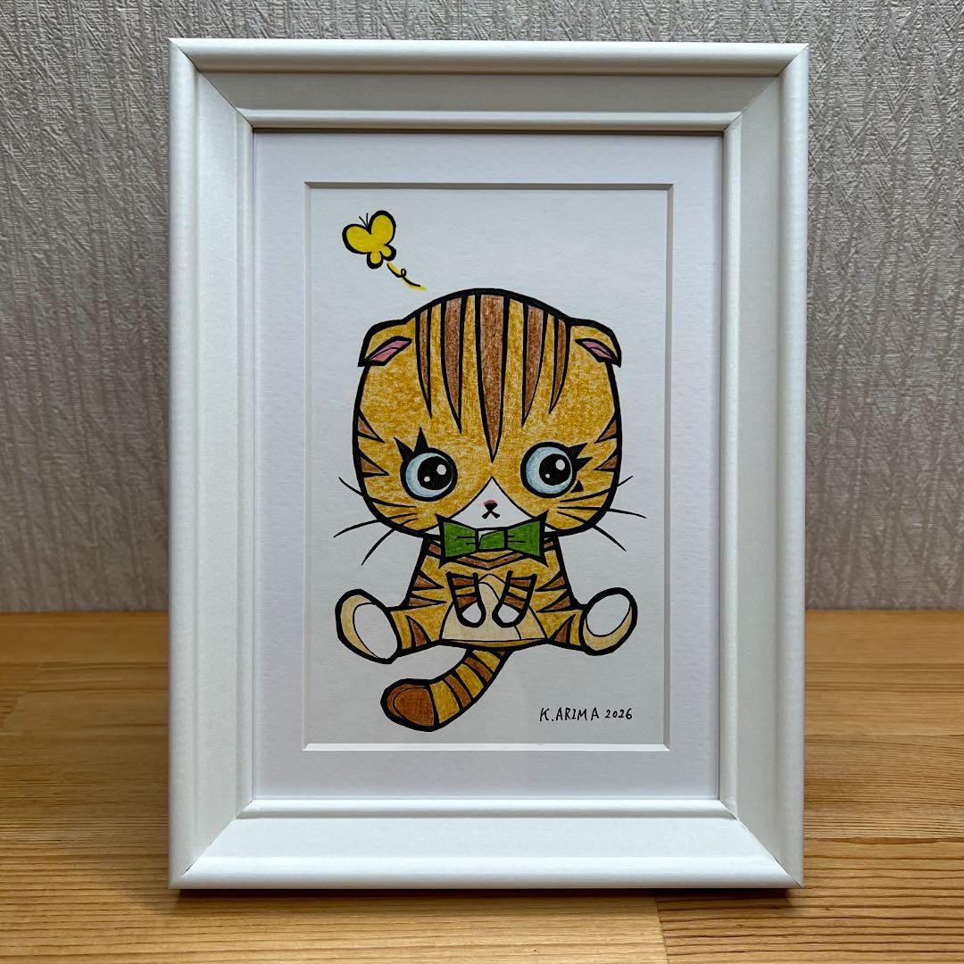 動物 原画 絵 手描き 癒し 猫 アート 一点物 額縁付き『まあるい時間』