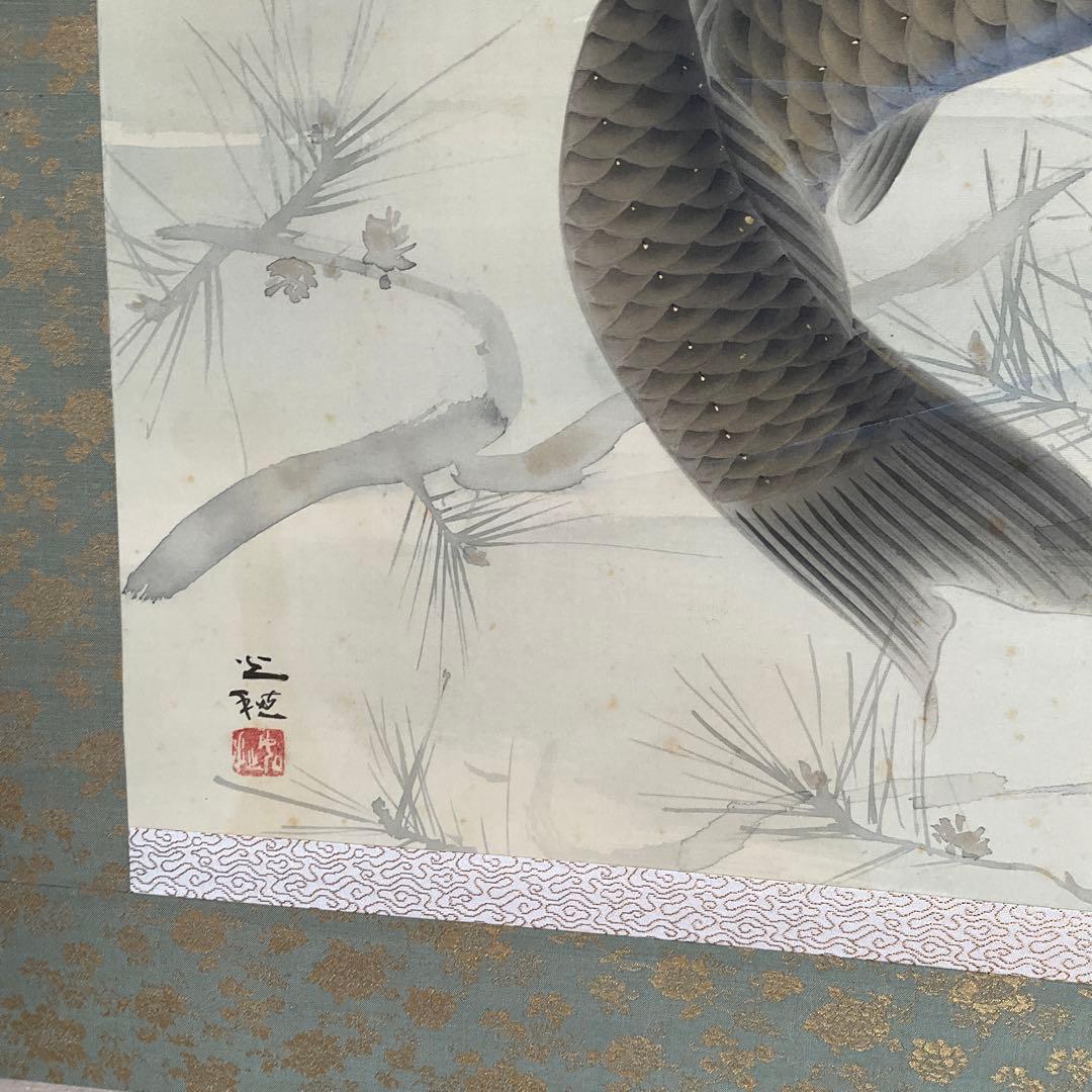 掛軸　佐野光穂作真鯉之図　絹本、尺八寸、横物、合わせ箱