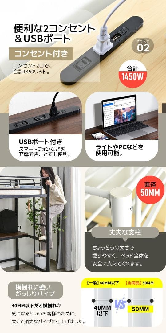 システムベット ロフトベッド シングル コンセント付き デスク付き