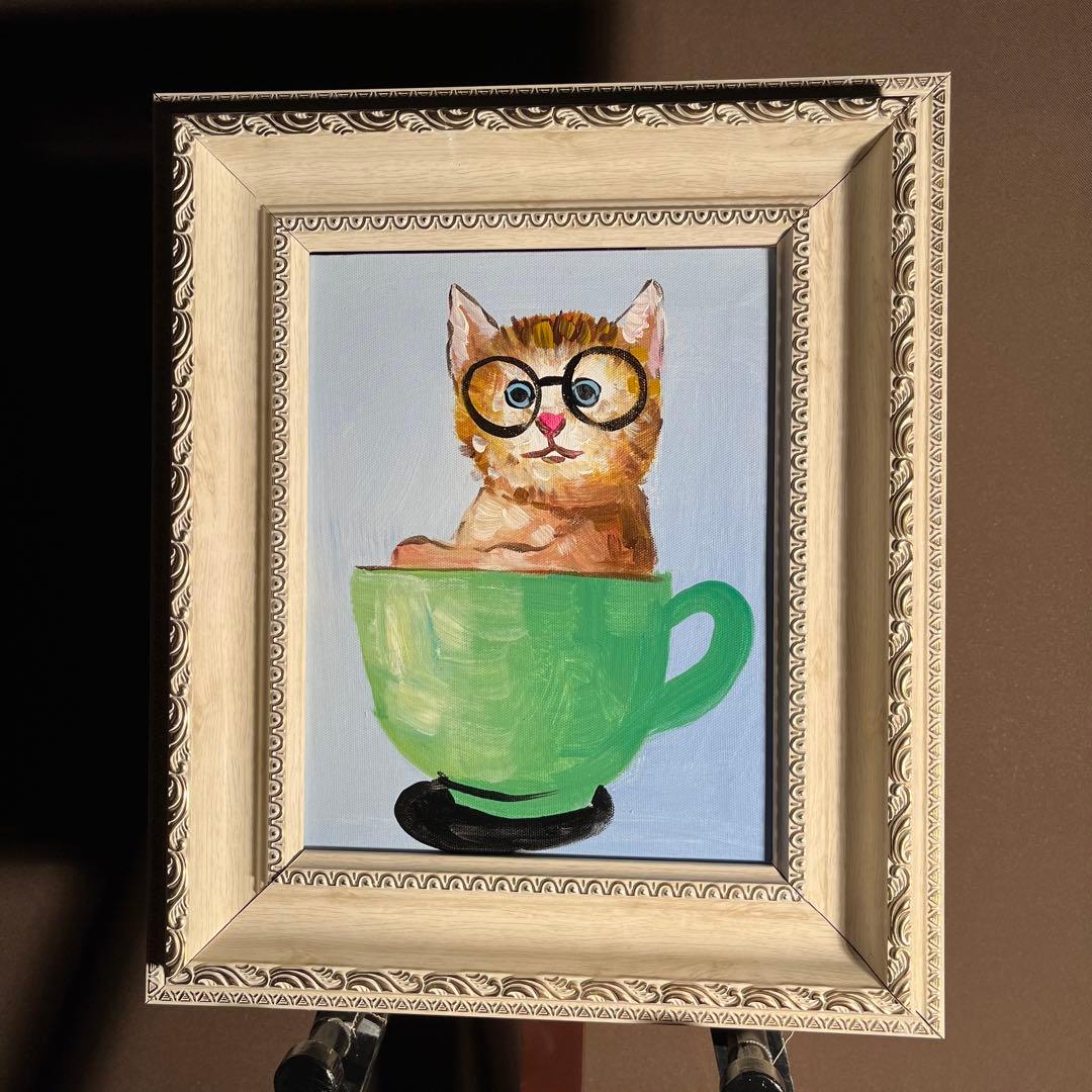手書き油絵 カップのねこ 額付 絵画 インテリア 油彩画