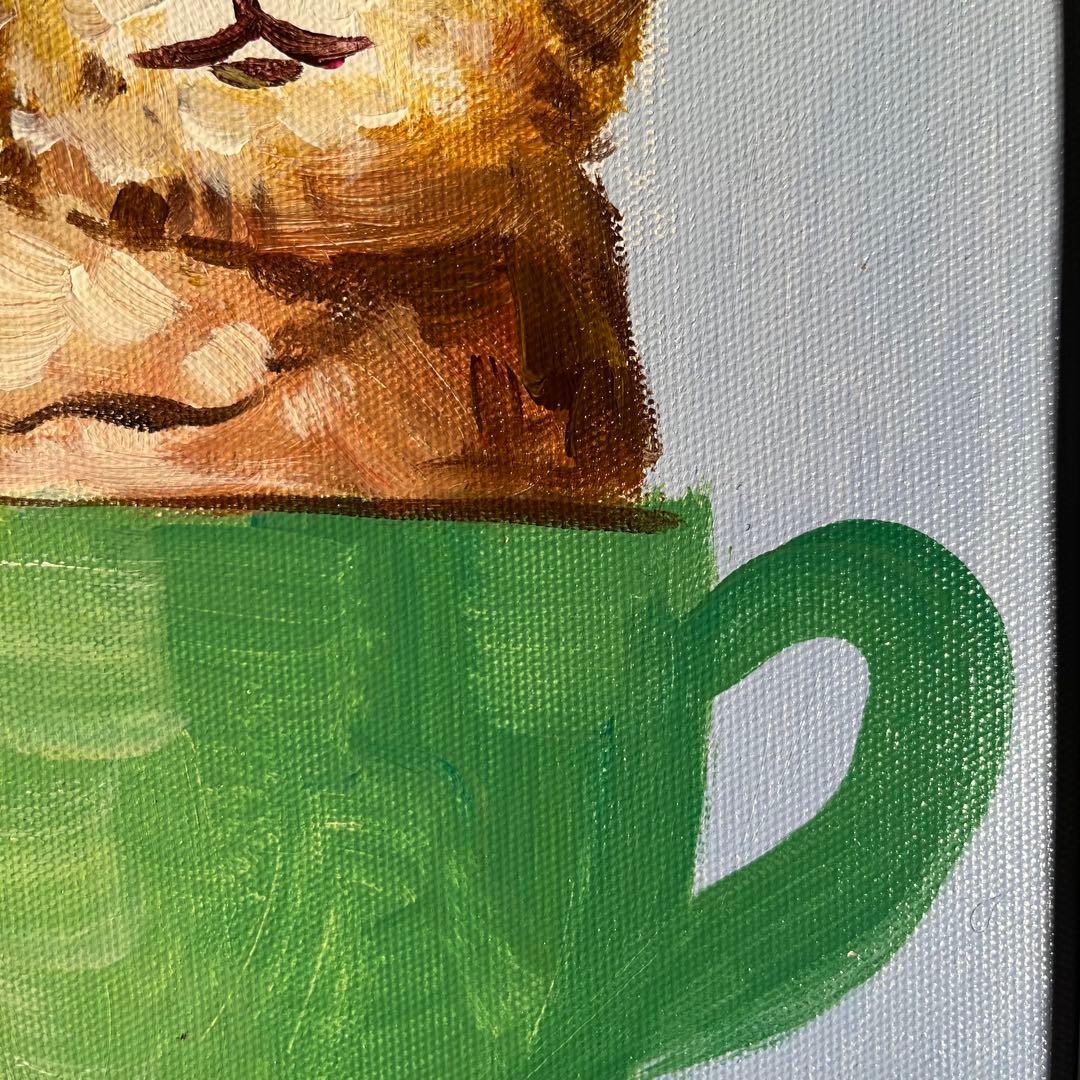 手書き油絵 カップのねこ 額付 絵画 インテリア 油彩画