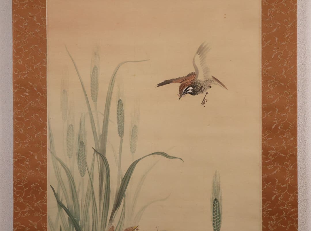【模写】日本画 益田楳岳 花鳥 雀 草花 絹本 掛軸 MB160