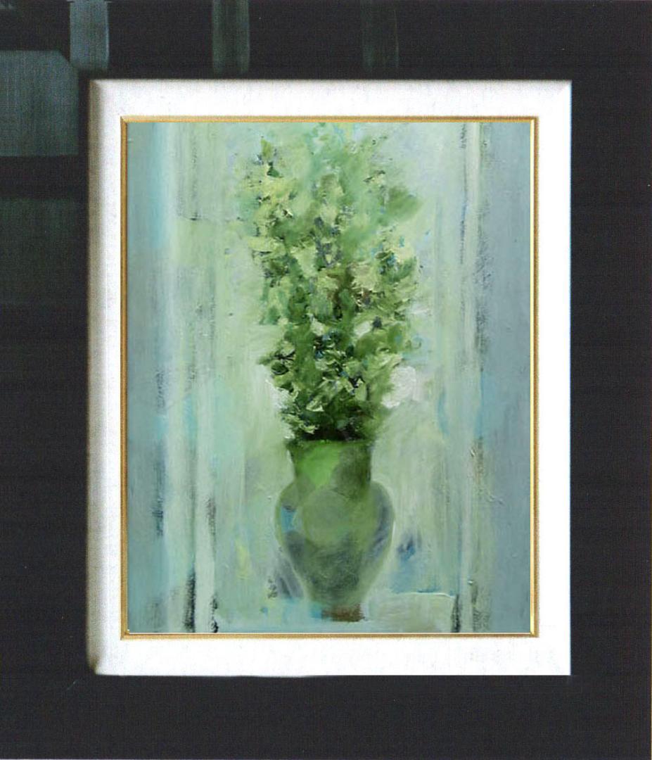 油絵 菅家令子 絵 絵画インテリア 額付(青緑＋金色の枠)uF6-111702花
