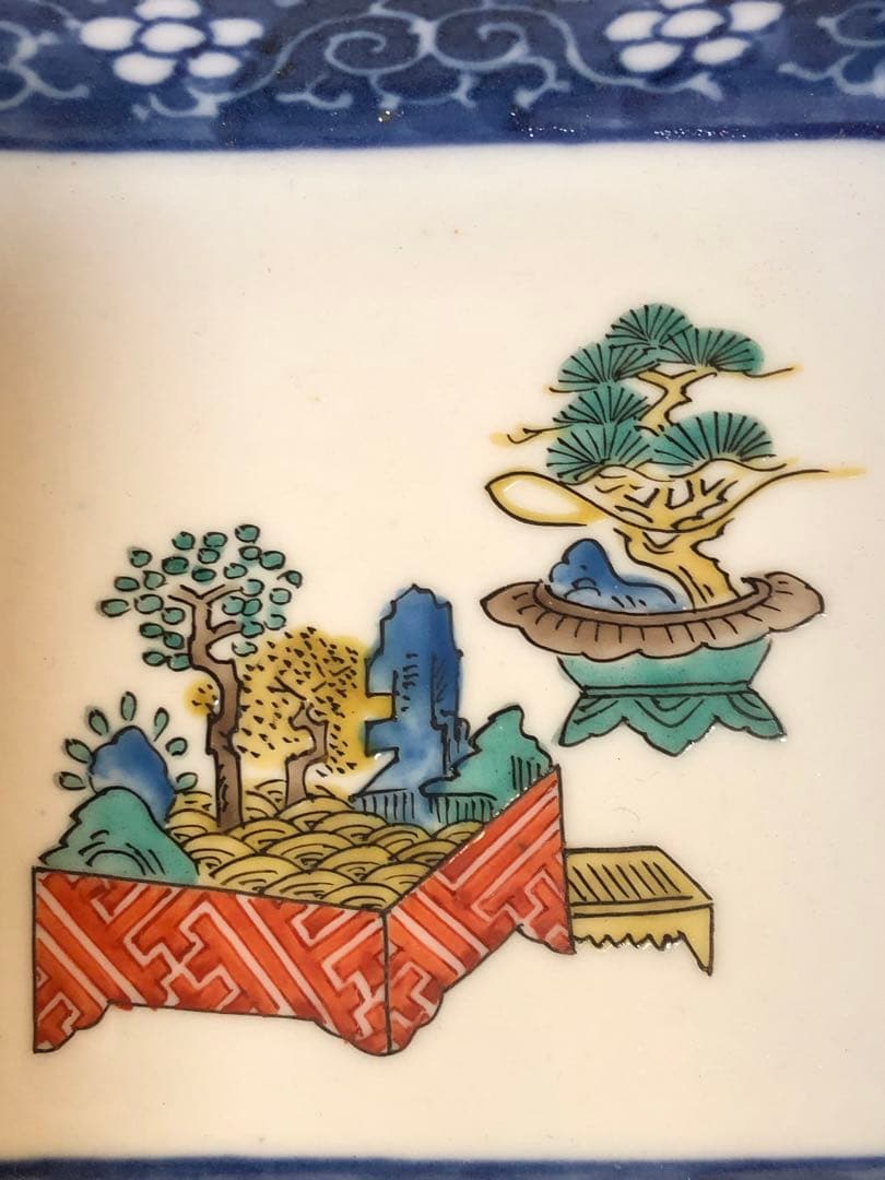 《R》九谷焼 色絵 盆栽図 角皿5客 時代　1f