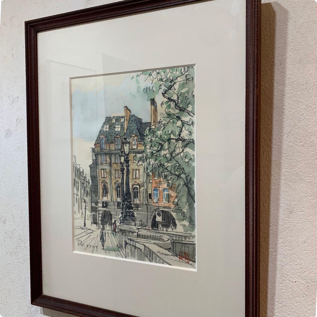 絵画　額装　水彩肉筆画　作者不明　『パリ　ポンヌフにて』サイン落款有り