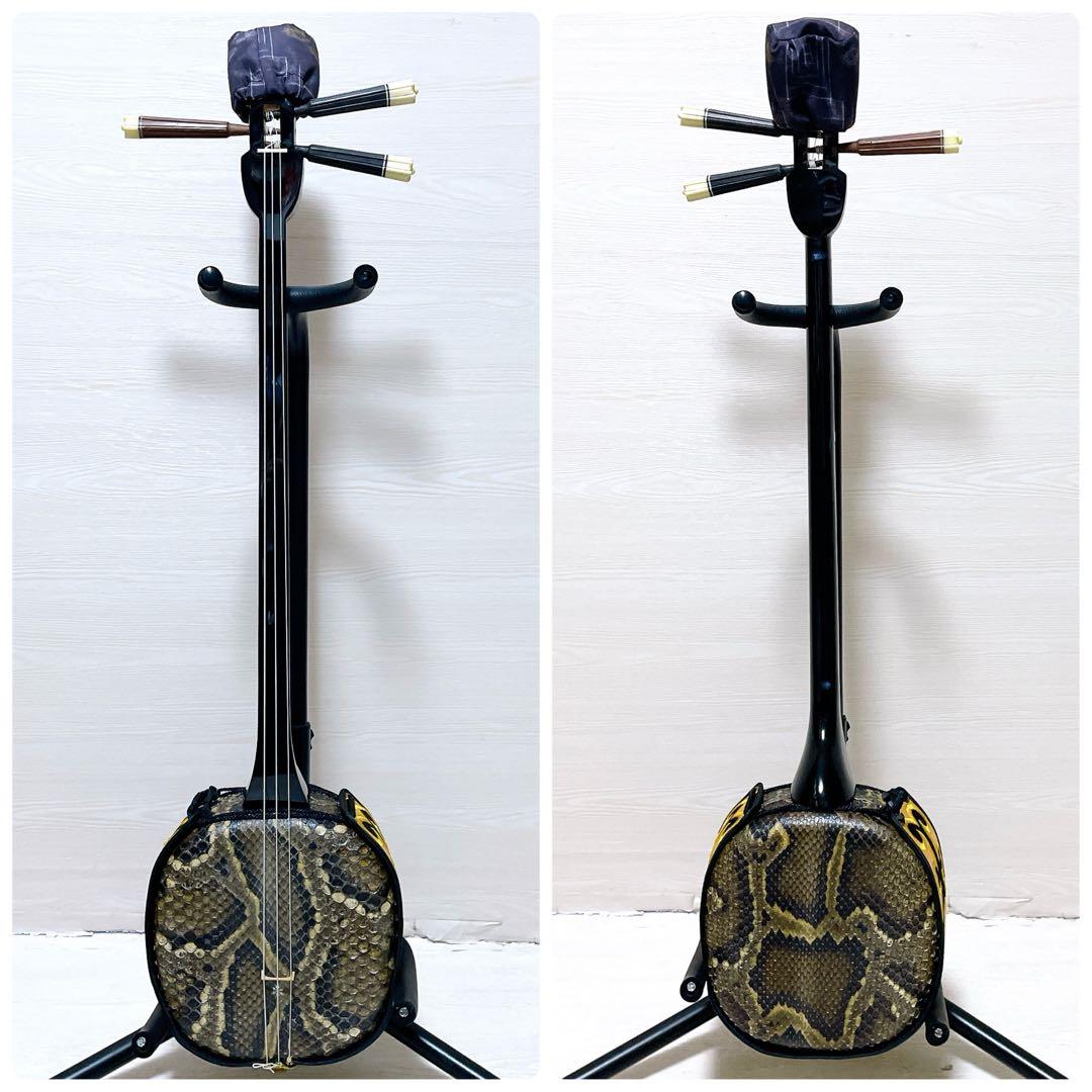 【美品】沖縄三線 本革 蛇柄 強化張り 沖縄三味線 和楽器 ソフトケース