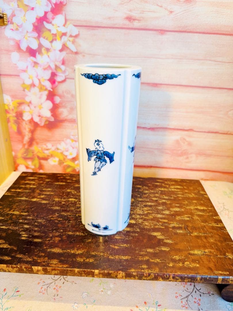 希少! 幻の日陶 製染付中国唐子文様筒形花瓶【 日陶 】在銘有り ★ 昭和前期