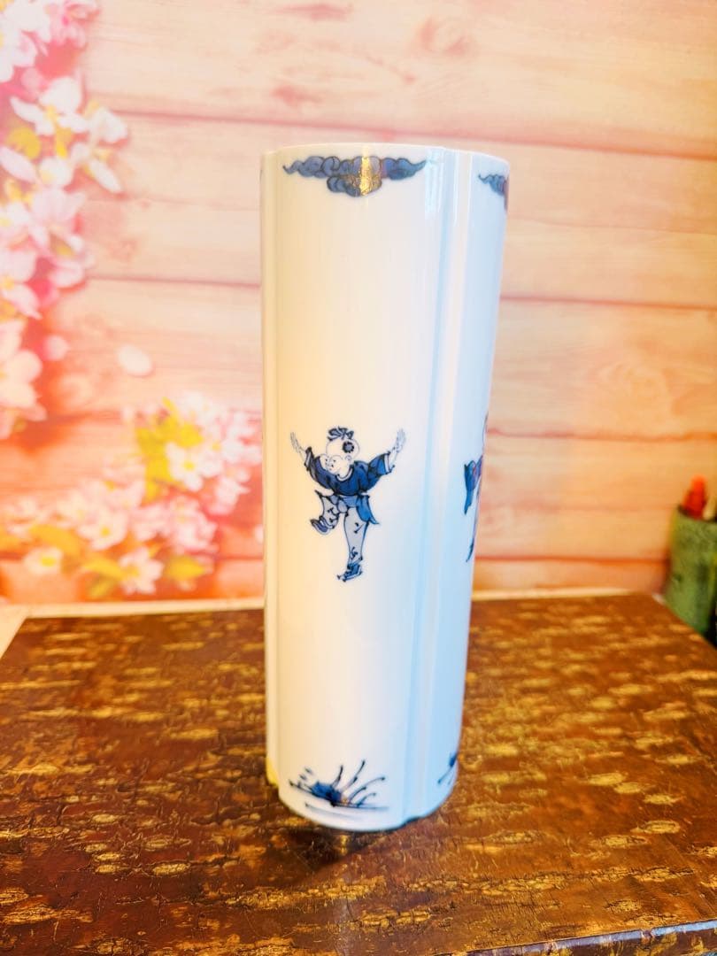 希少! 幻の日陶 製染付中国唐子文様筒形花瓶【 日陶 】在銘有り ★ 昭和前期