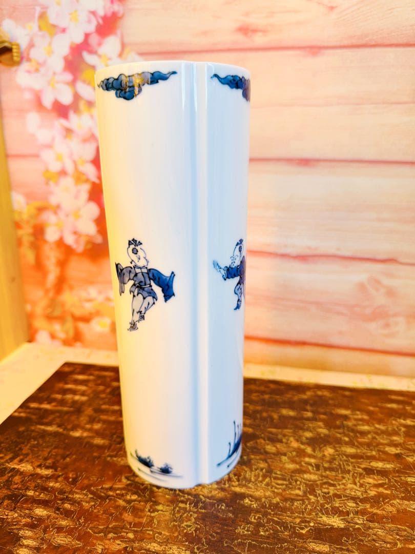 希少! 幻の日陶 製染付中国唐子文様筒形花瓶【 日陶 】在銘有り ★ 昭和前期