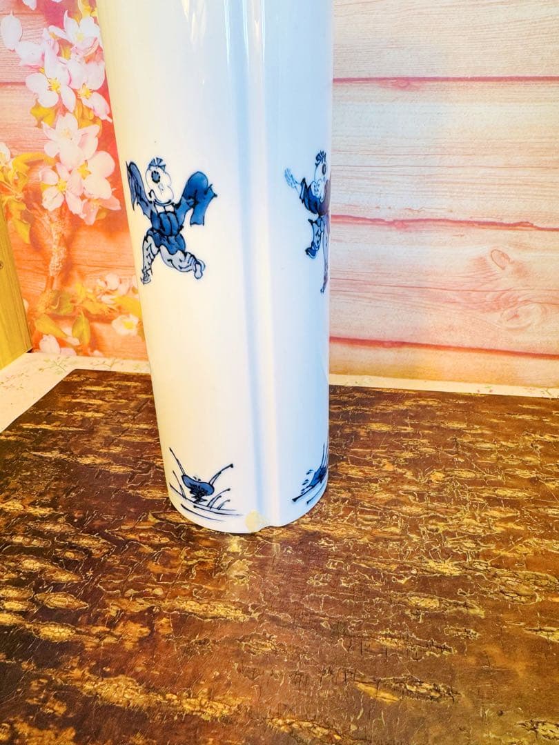 希少! 幻の日陶 製染付中国唐子文様筒形花瓶【 日陶 】在銘有り ★ 昭和前期