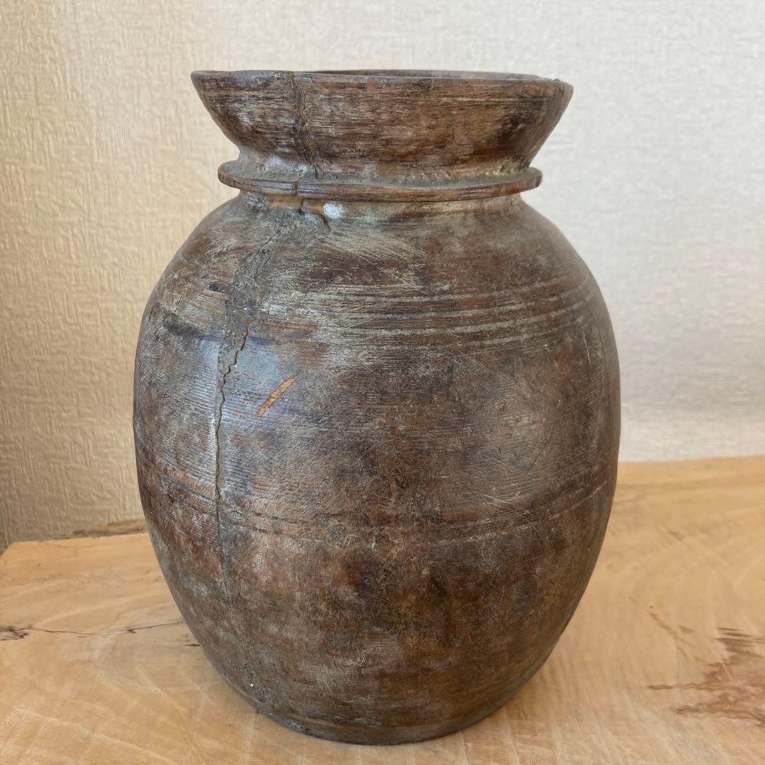 インド　木製のポットA　木工品　古道具坂田　古物　骨董　フラワーベース　花瓶
