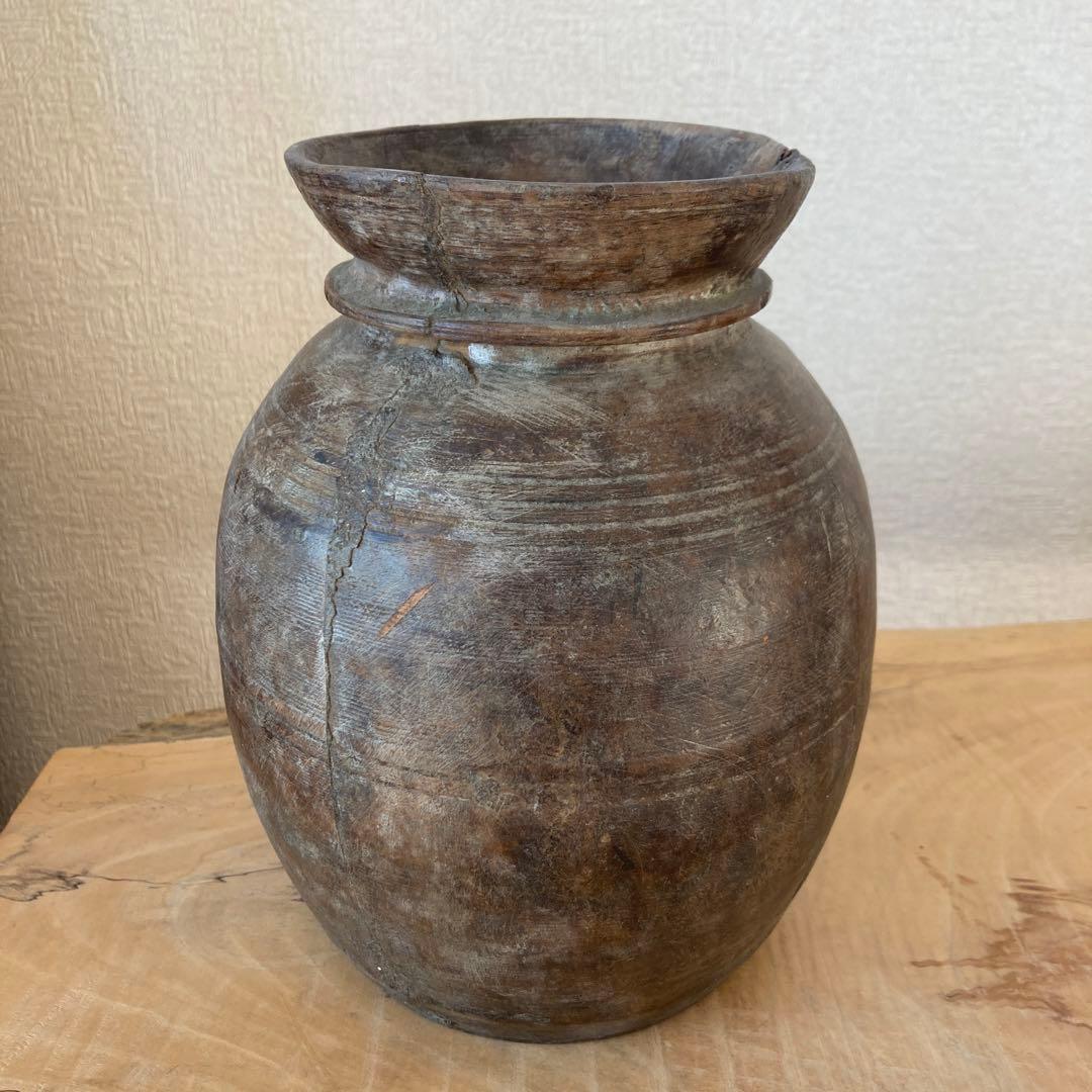 インド　木製のポットA　木工品　古道具坂田　古物　骨董　フラワーベース　花瓶