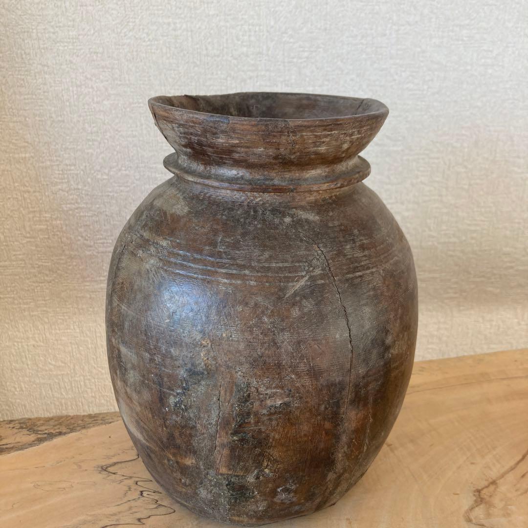 インド　木製のポットA　木工品　古道具坂田　古物　骨董　フラワーベース　花瓶