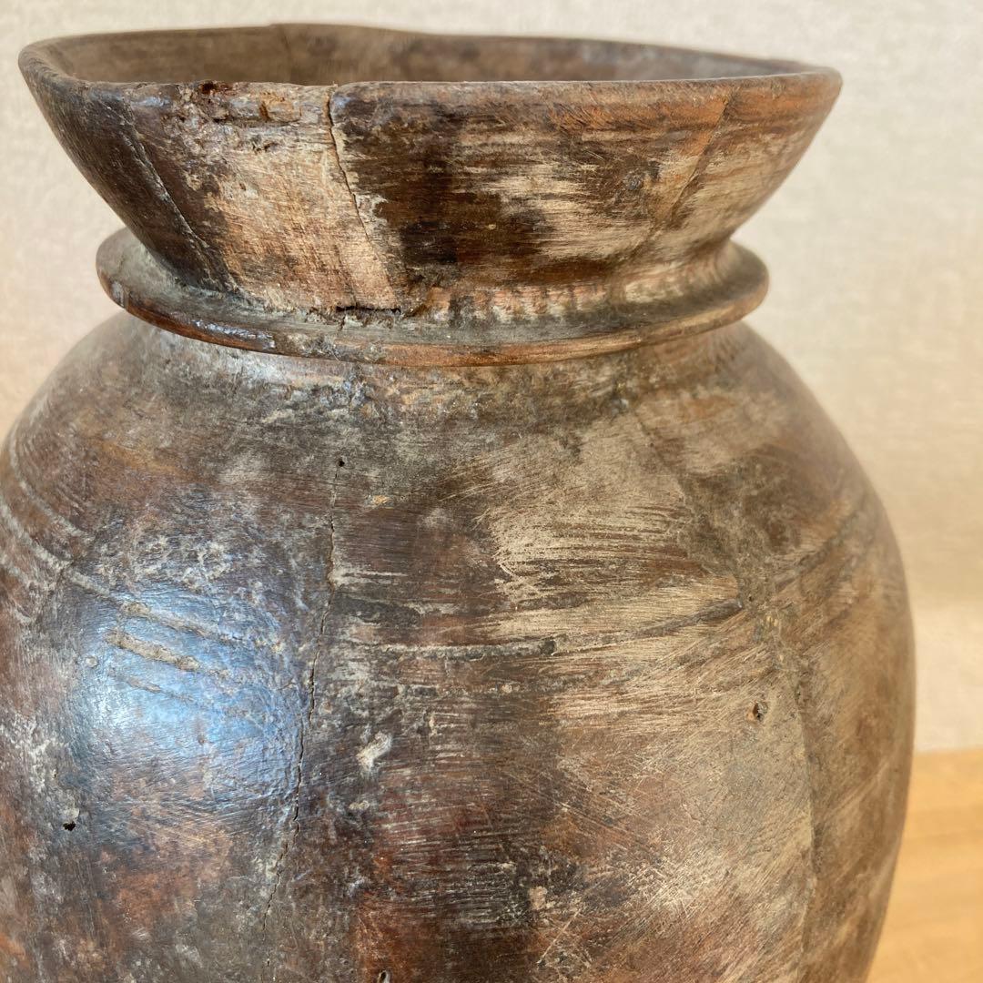 インド　木製のポットA　木工品　古道具坂田　古物　骨董　フラワーベース　花瓶