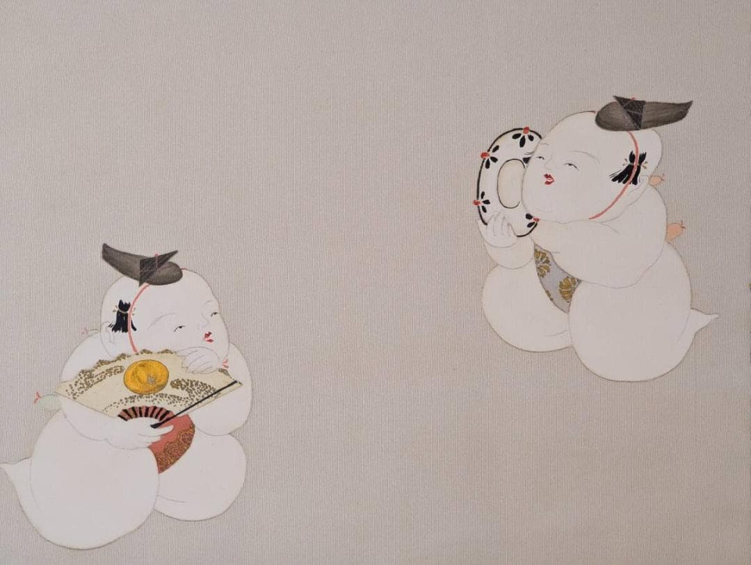 【真作】絵画　日本画　舞う童子図　可憐な童の舞扇と鼓　福を招く童子二人　X198