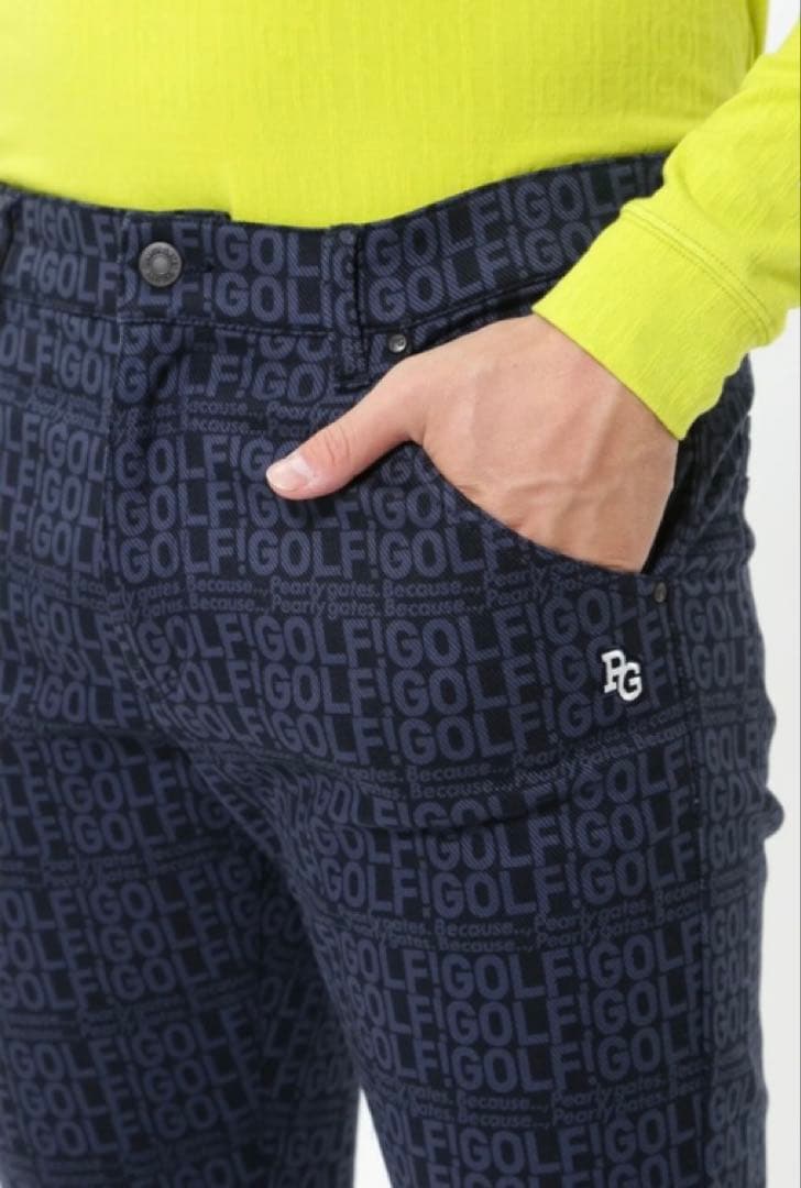新品 パーリーゲイツ コットンストレッチカルゼ表ピーチ パンツ(5)サイズL/紺