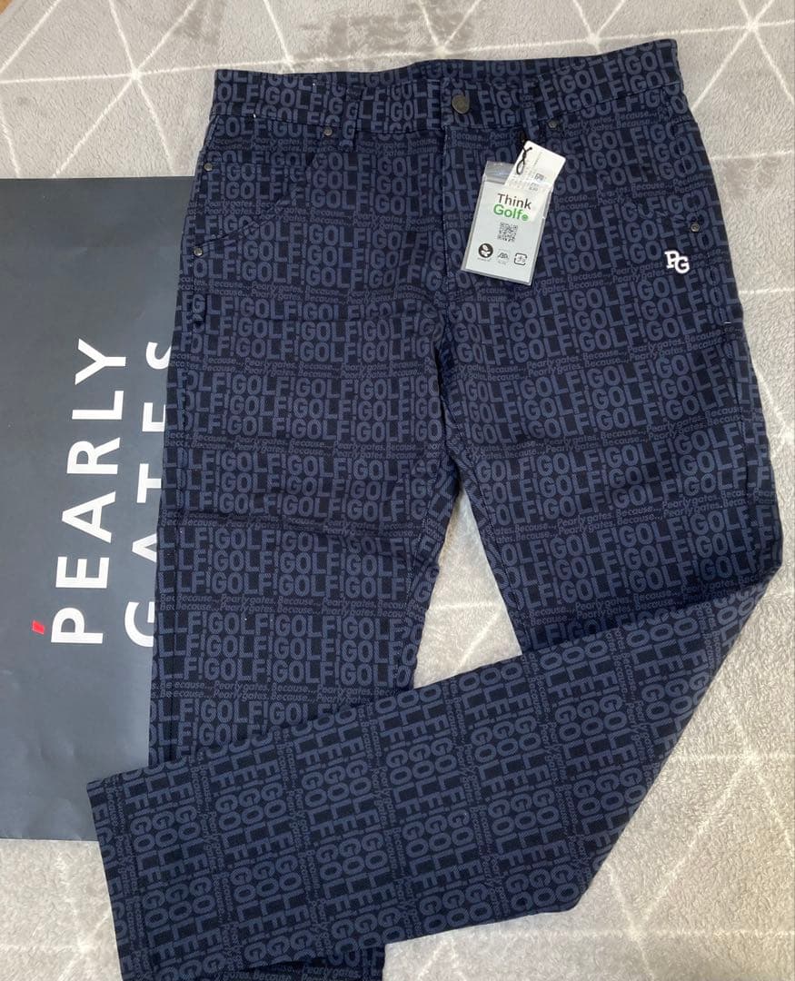 新品 パーリーゲイツ コットンストレッチカルゼ表ピーチ パンツ(5)サイズL/紺