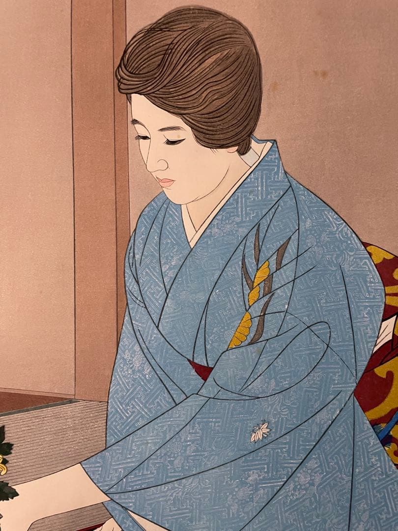 伊東深水　「菊を活ける勅使ヶ原霞女史」　木版画　刷り込みサイン シール有り　共箱