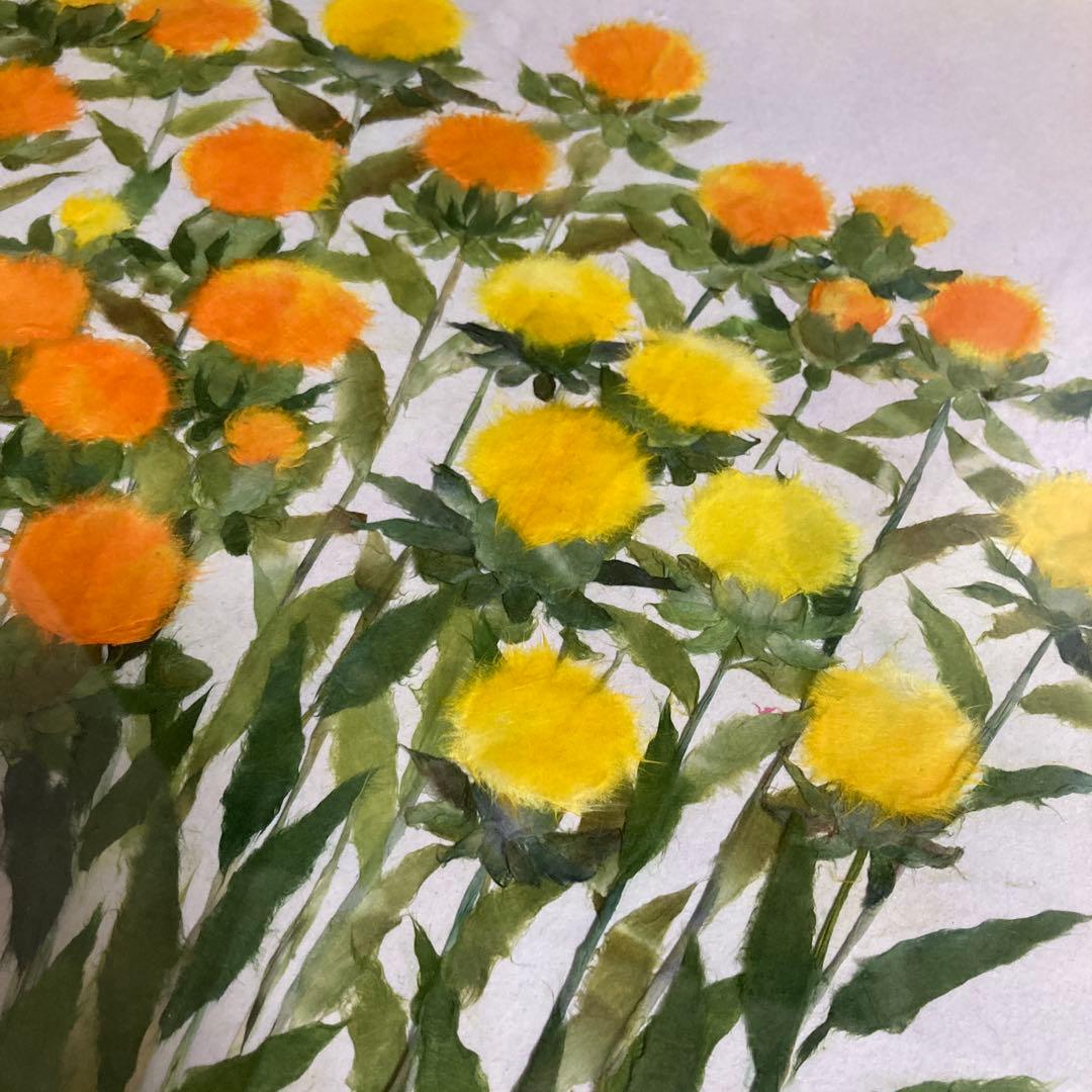 ちぎり絵　紅花モチーフ