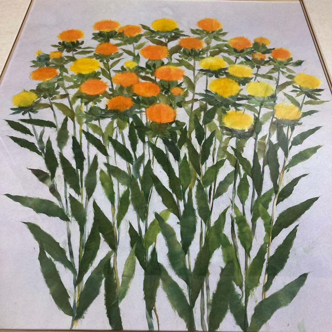 ちぎり絵　紅花モチーフ