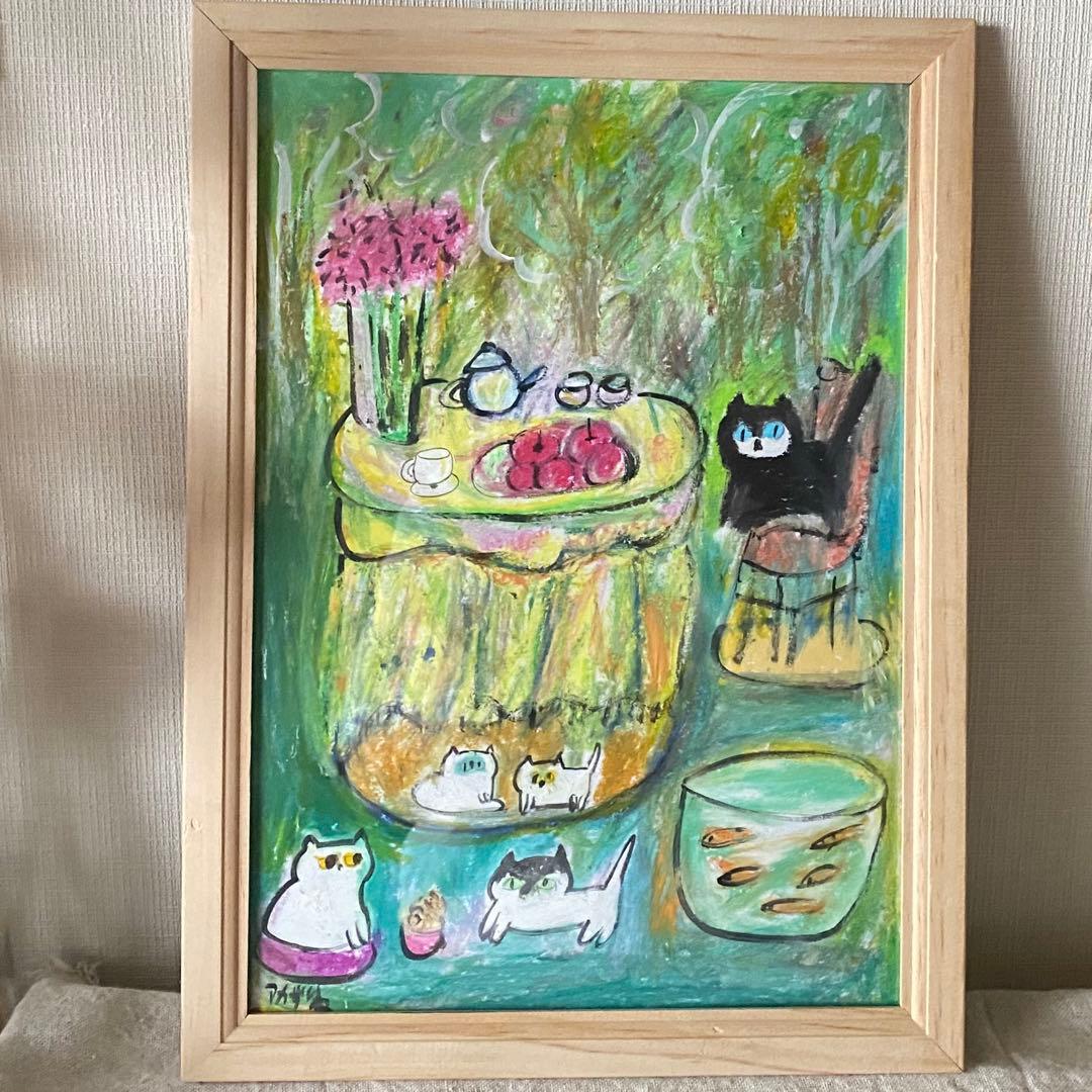 絵画 。手描き【森の中のパーティーの花の香りとコーヒーの香りが鼻を突く】