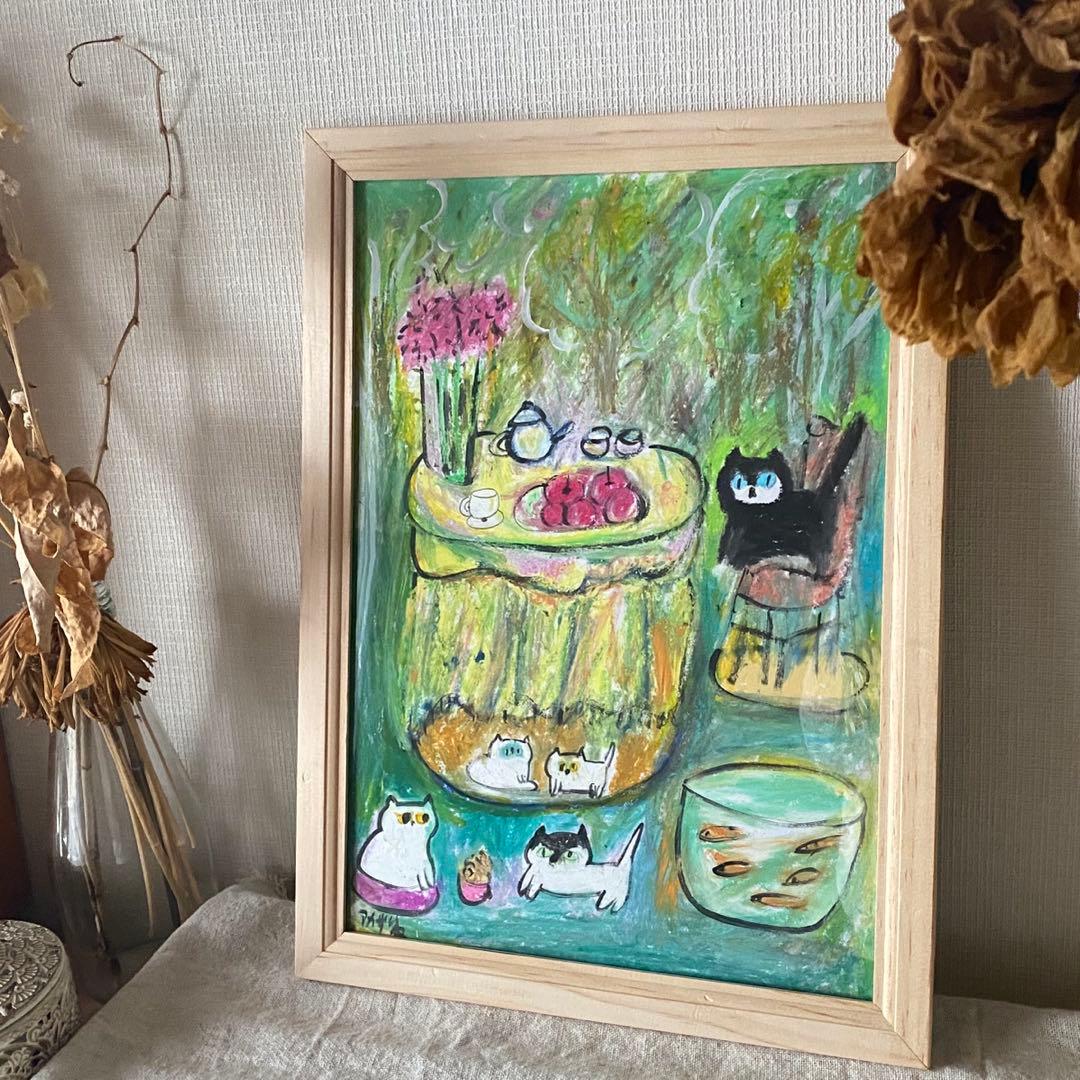 絵画 。手描き【森の中のパーティーの花の香りとコーヒーの香りが鼻を突く】