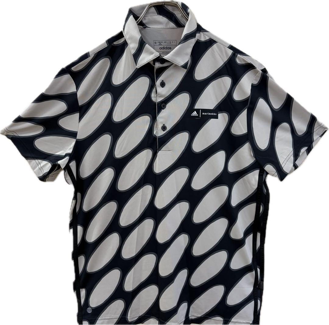 アディダス半袖ポロシャツ 黒 xベージュ総柄サイド3ラインmarimekko