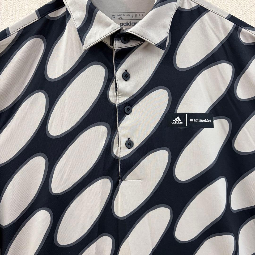 アディダス半袖ポロシャツ 黒 xベージュ総柄サイド3ラインmarimekko