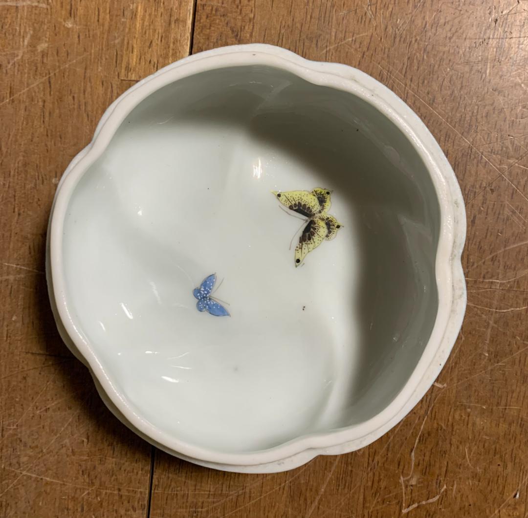 中国美術 菓子器 鳥・蝶・花模様 陶器 中国古玩 現状品!!