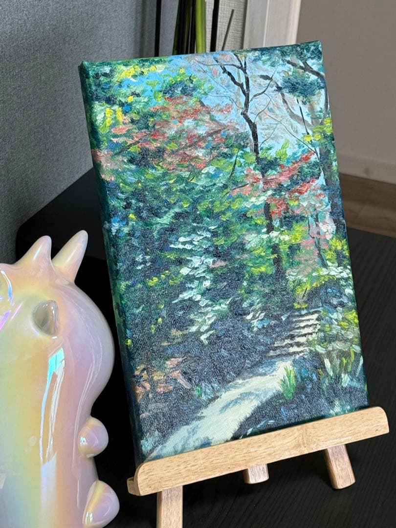 「林間の道」　手描き　油絵　風景画　原画　油彩画　印象派　肉筆