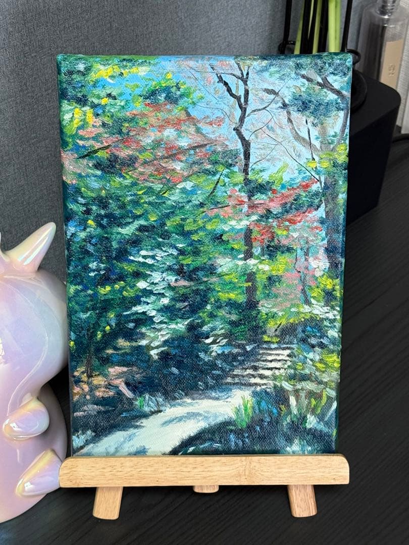 「林間の道」　手描き　油絵　風景画　原画　油彩画　印象派　肉筆