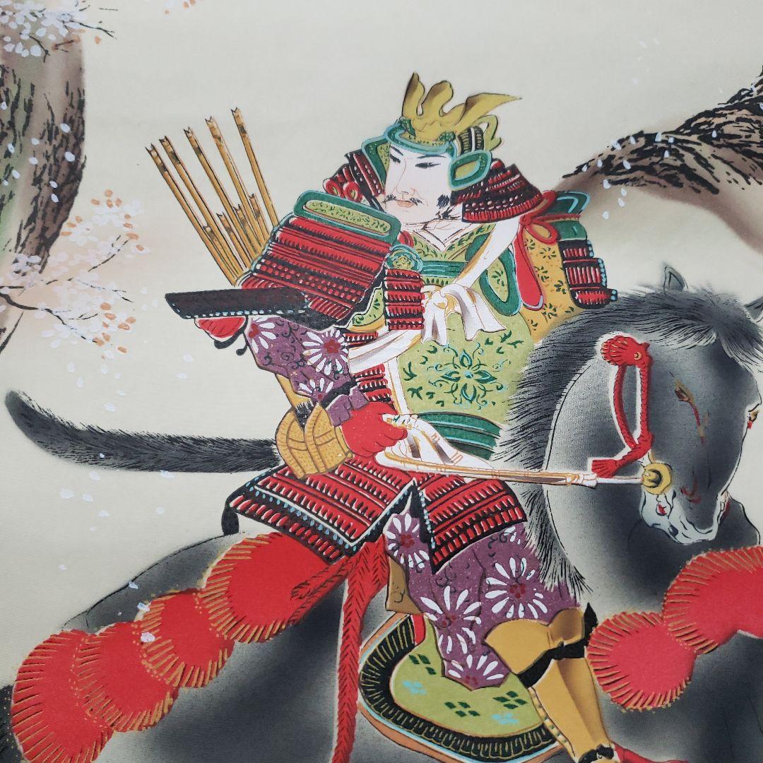 蔵出し特価　節句掛け日本画 武士と桜の絵　芳雪画伯　真筆185×59cm桐箱付き