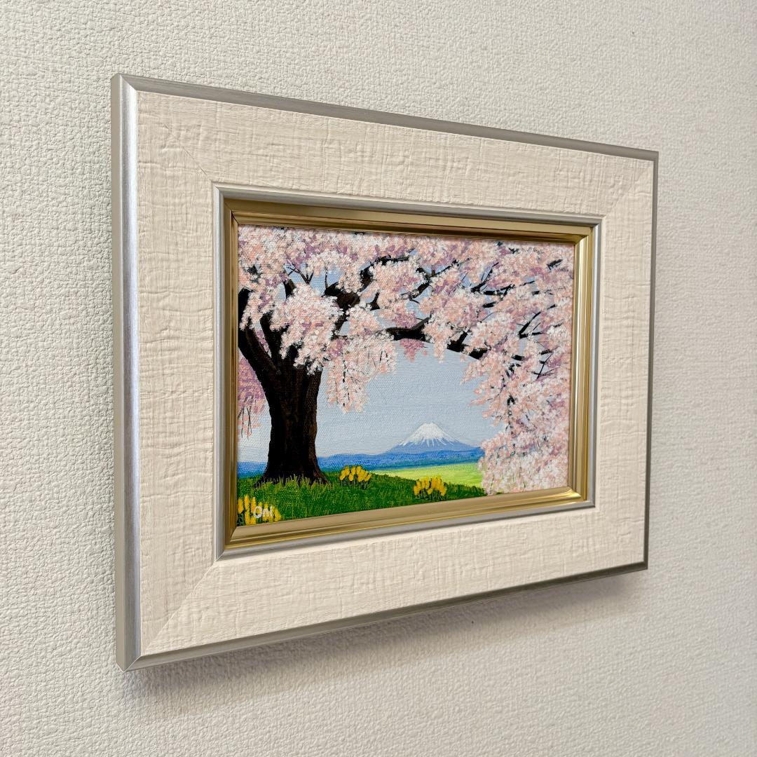 アクリル画　原画　「桜と富士01」額縁付き　SMサイズ　風景画