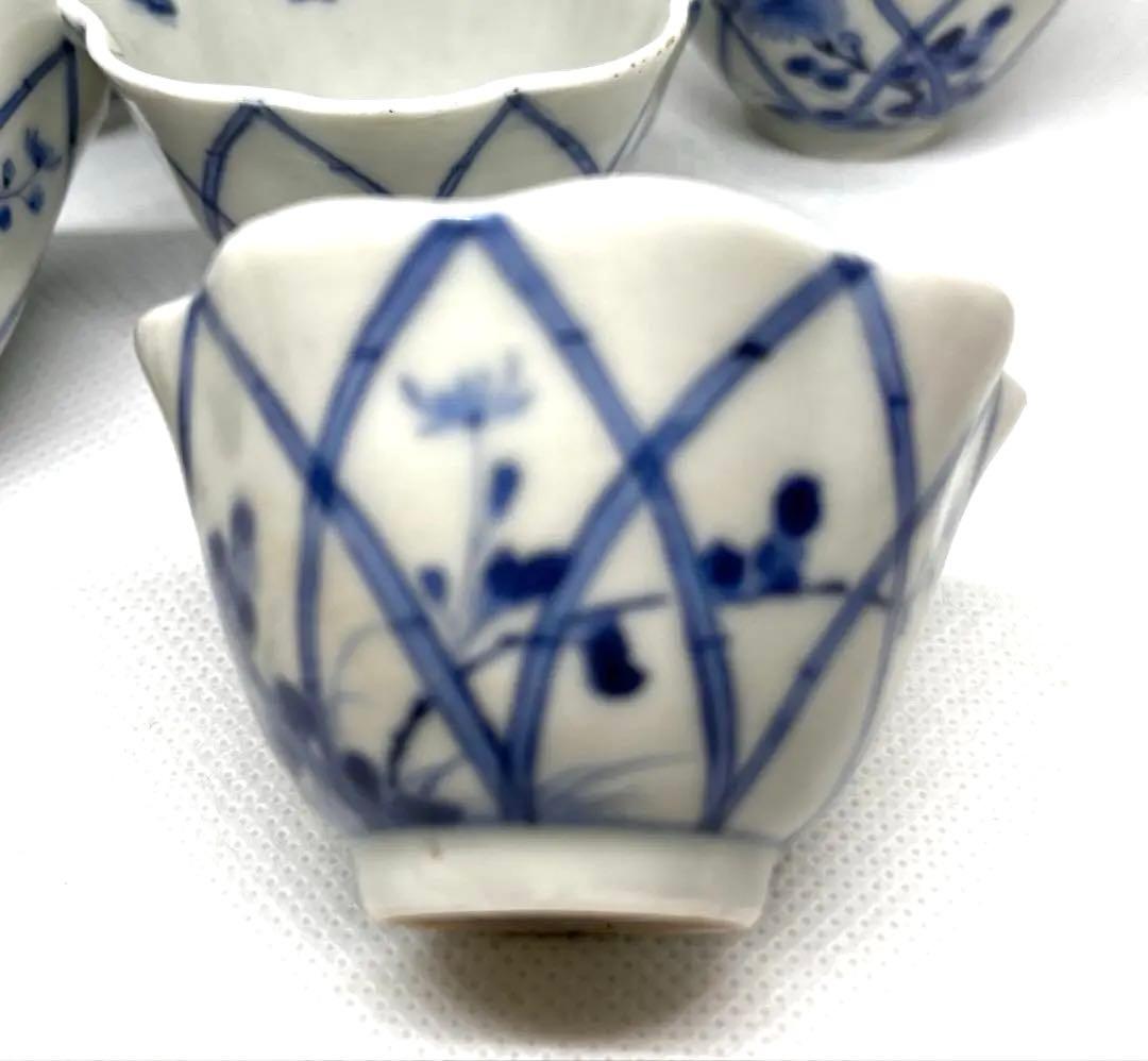 骨董　染付　柿右衛門手　芝垣菊花蝶図　煎茶椀　5個　（手作り桐箱付き）