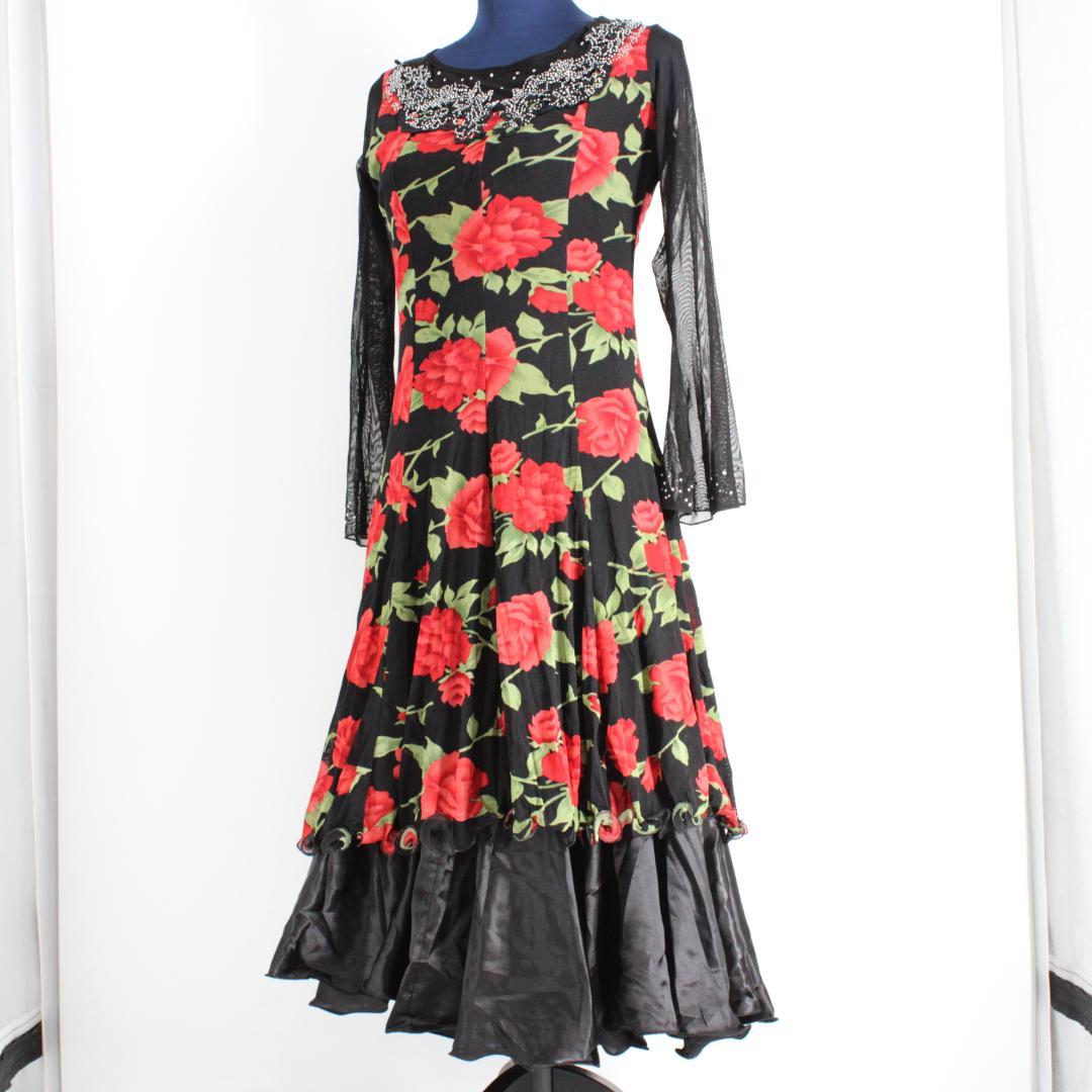 【美品 社交ダンス衣装】ワンピース ドレス 黒 赤 緑 花柄 フラワー
