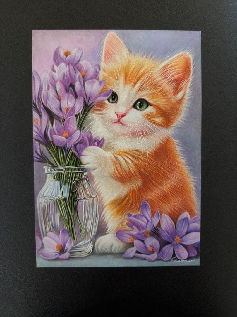 色鉛筆画A4 仔猫とクロッカス