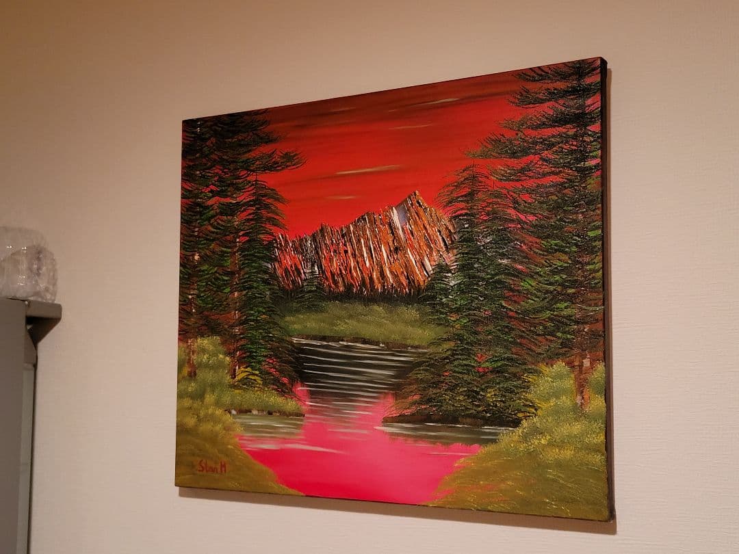 油彩画 自然の風景 赤い空と緑の木々