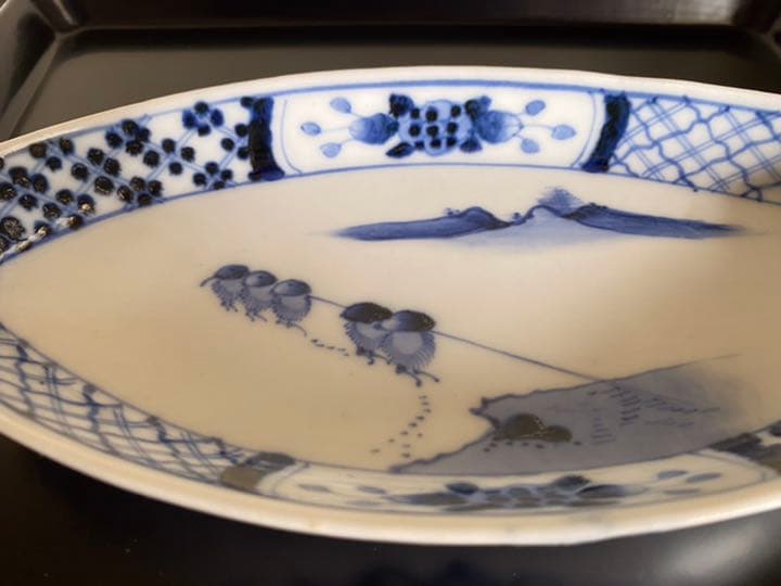 古伊万里　染付　舟形　変形皿　六枚揃