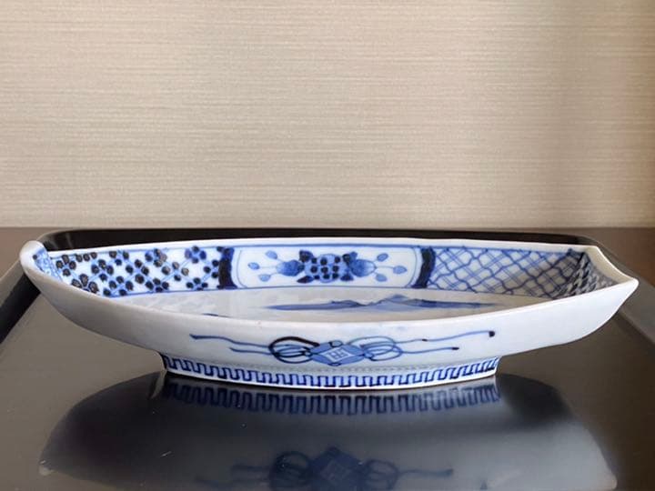 古伊万里　染付　舟形　変形皿　六枚揃