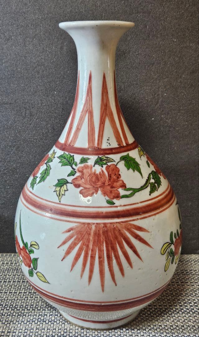 【時代古作品❗】中国古陶磁器　清代～民国期　清朝民窯　色絵　草花の図　大瓶　花入