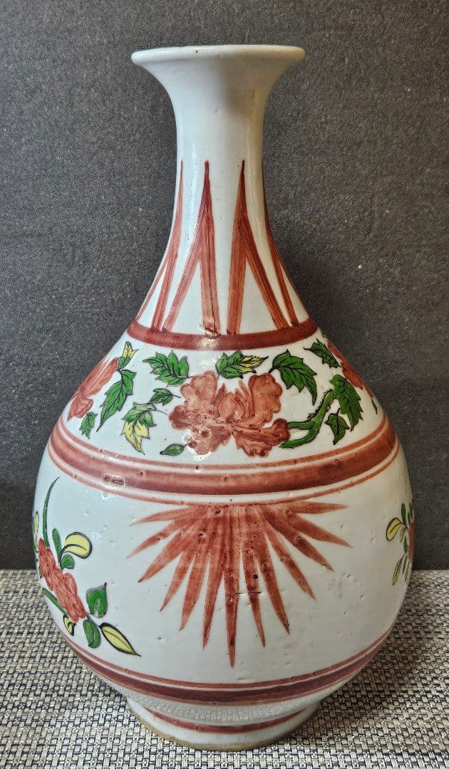 【時代古作品❗】中国古陶磁器　清代～民国期　清朝民窯　色絵　草花の図　大瓶　花入