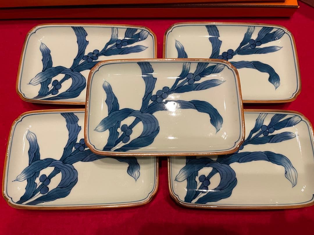 ◉セール！新品　館林喜助 染付　鳩麦絵 長角小皿揃 五枚　 喜助作　手描き