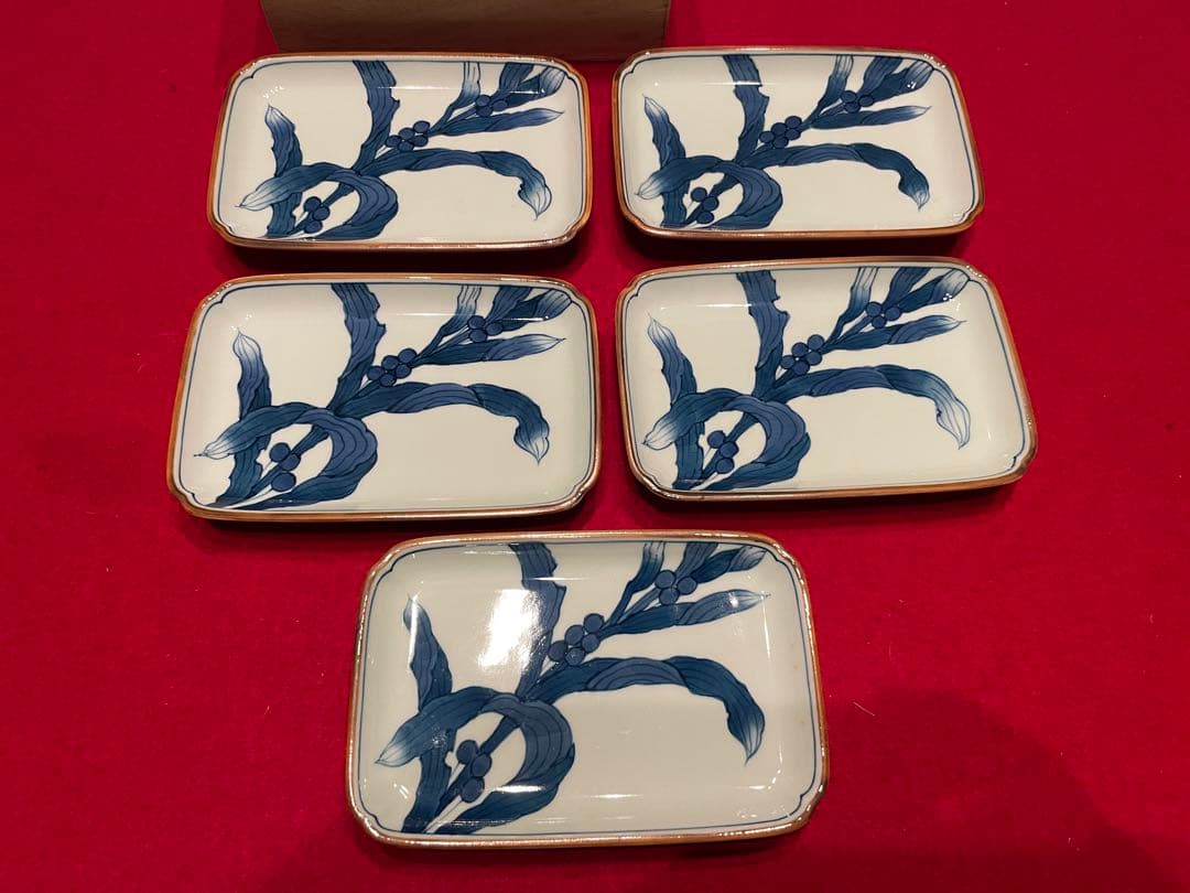 ◉セール！新品　館林喜助 染付　鳩麦絵 長角小皿揃 五枚　 喜助作　手描き