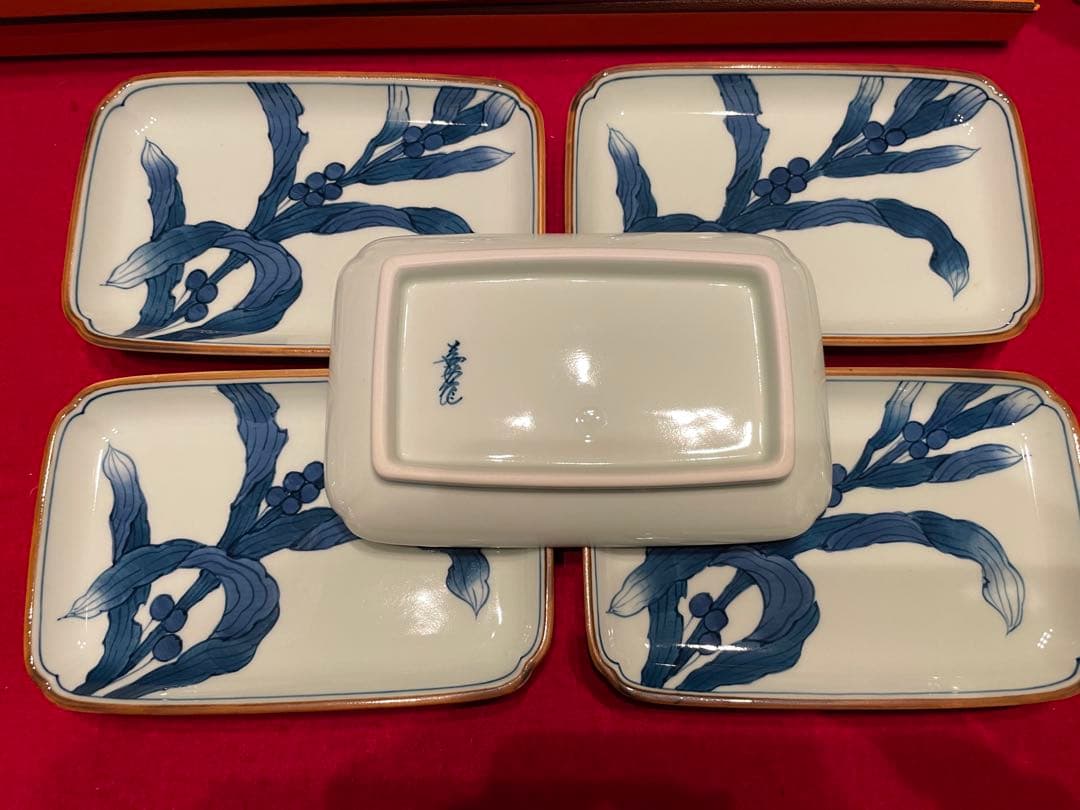◉セール！新品　館林喜助 染付　鳩麦絵 長角小皿揃 五枚　 喜助作　手描き