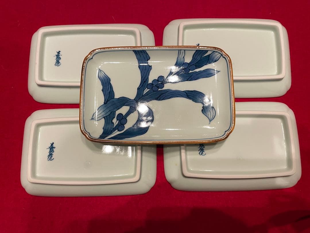 ◉セール！新品　館林喜助 染付　鳩麦絵 長角小皿揃 五枚　 喜助作　手描き