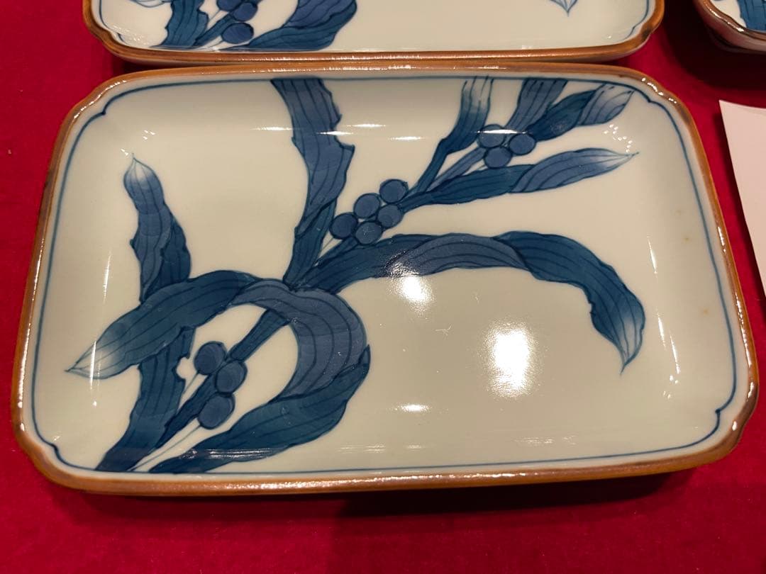 ◉セール！新品　館林喜助 染付　鳩麦絵 長角小皿揃 五枚　 喜助作　手描き