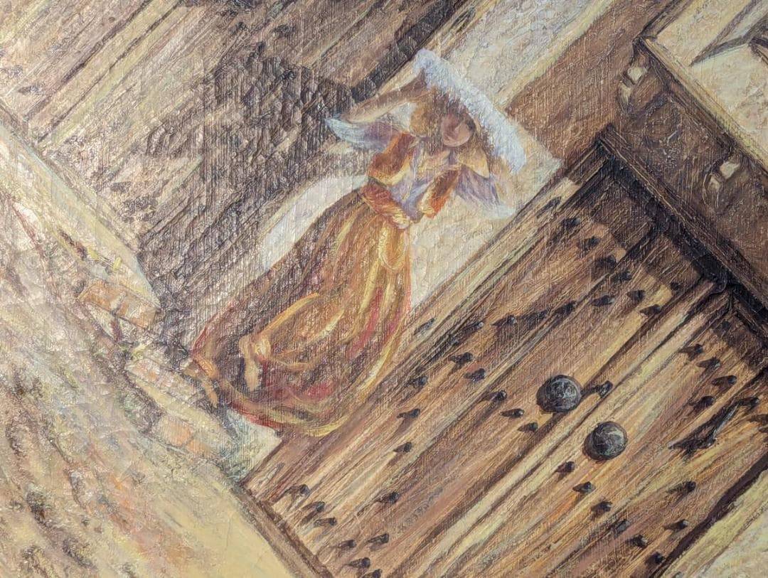 【真作】絵画　油彩　古都の門前　時を纏う女性　麗しき一瞬　過ぎゆく時　Y127