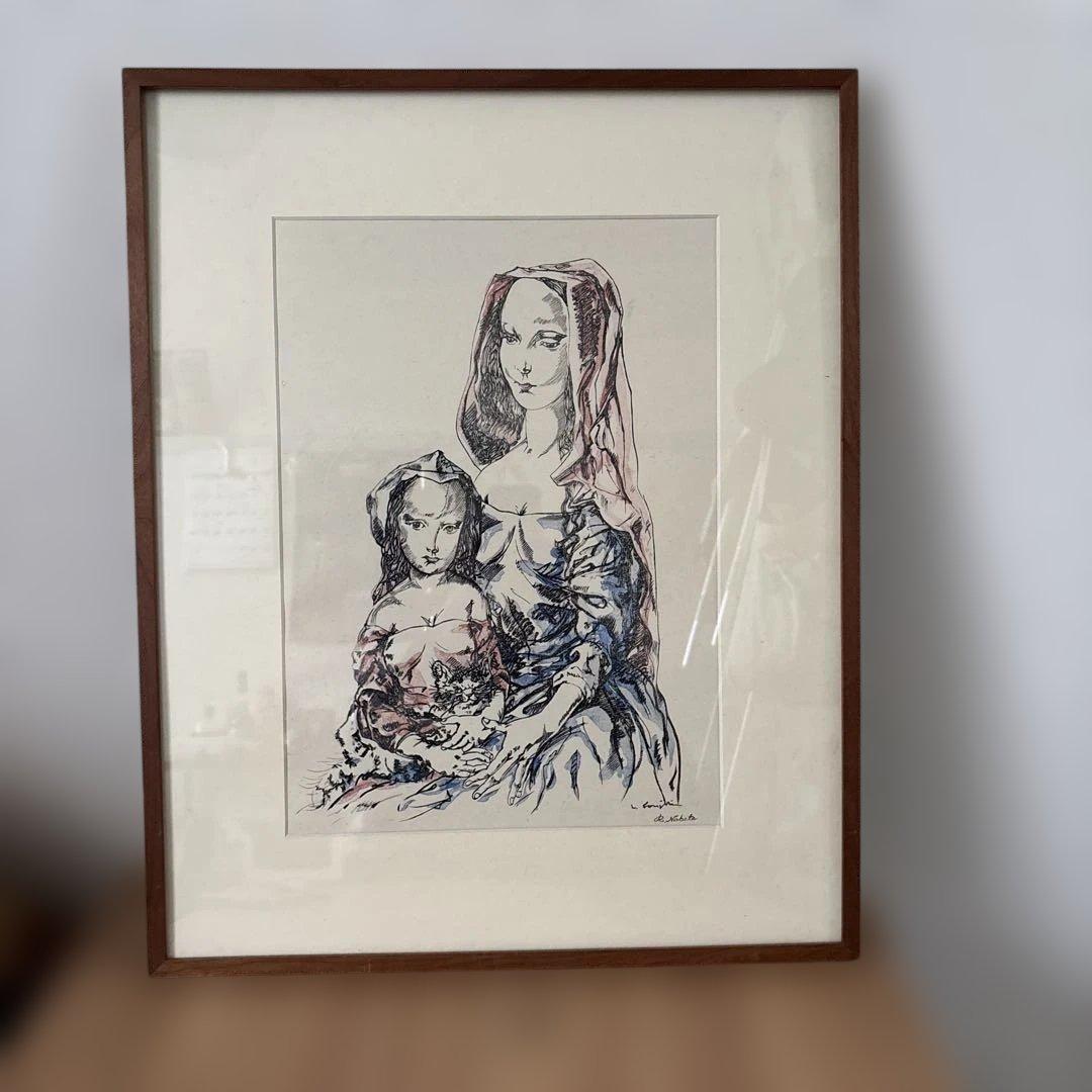 レオナール藤田　藤田嗣治　母子像 リトグラフ　猫　版画　飾り絵　額装品