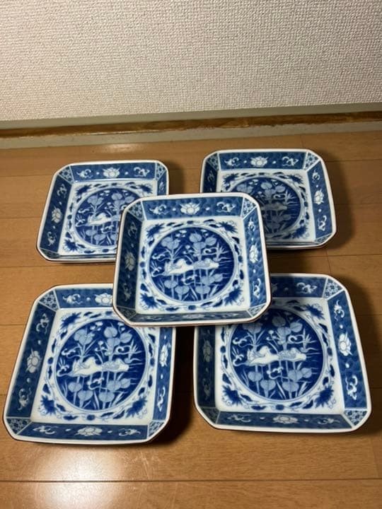 329 深川製磁　時代物　角皿セット 染付オシドリ  6客　古美術品