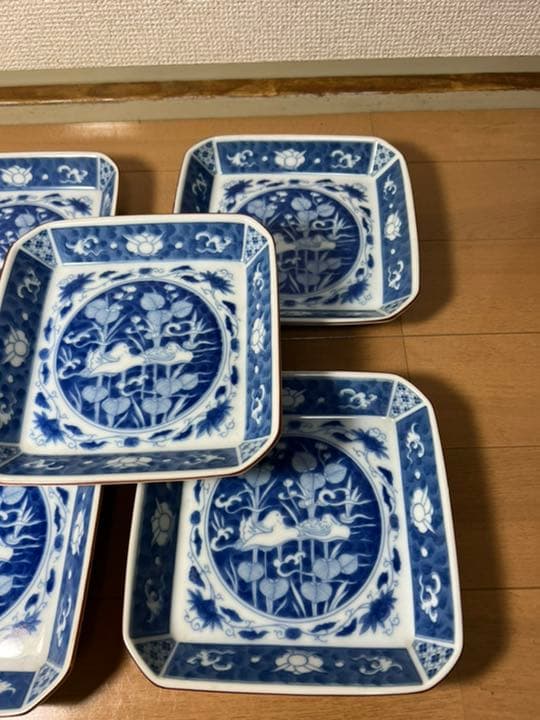 329 深川製磁　時代物　角皿セット 染付オシドリ  6客　古美術品